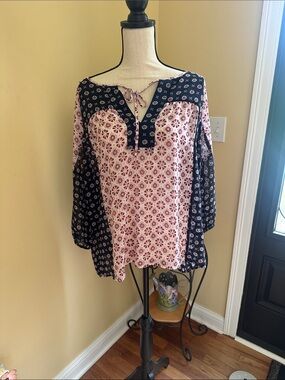 LOFT Pink and Navy Printed Tie-Neck Peasant Tunic